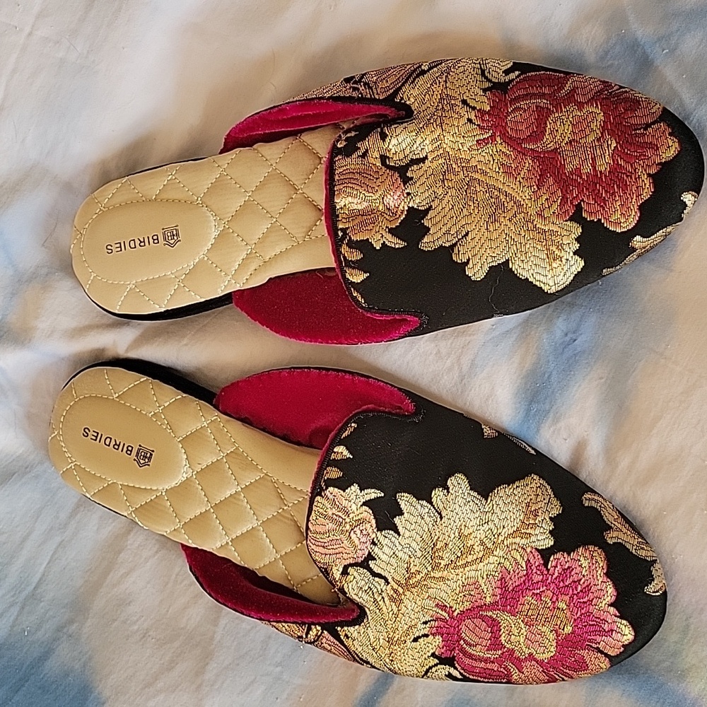 Birdies Women's Floral Embroidered Slippers - Black and Pink